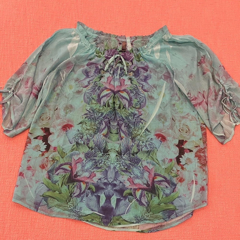 Wm’s XL Floral Blouse - turquoise pink purple - lined